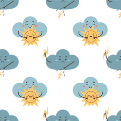 Seamless pattern sad cloud hugging the sun , overcast
