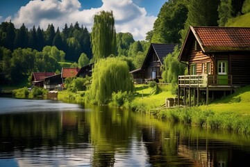 Countryside with traditional wooden houses by the water