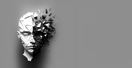 Fotobehang A man's head in black and white. bifurcation, debasement, evaporation, multiplicity of thought . banner. Bipolarity. Bipolar disorder. © PanArt