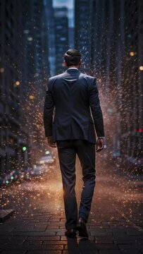 man in a suit with his back turned, standing in front of a street. Before him, the idea of making decisive decisions in the business world.