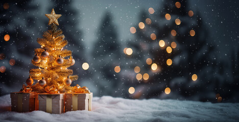 Prachtvoller Weihnachtsbaum erstrahlt in winterlicher Landschaft - obrazy, fototapety, plakaty