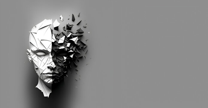 A man's head in black and white. bifurcation, debasement, evaporation, multiplicity of thought . banner. Bipolarity. Bipolar disorder.
