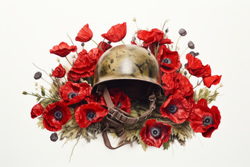 A world war military helmet with red poppies. Remembrance and armistice day symbol