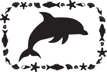 Zelfklevend Fotobehang Dolphin, sea animal in a rectangular frame - vector silhouette for printing or cutting. Marine composition stencil with a dolphin and other sea animals © Hanna