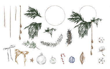 Bright watercolor Merry Christmas set of traditional decor and elements plants. Hygge cozy holidays 2024. Merry christmas card. 