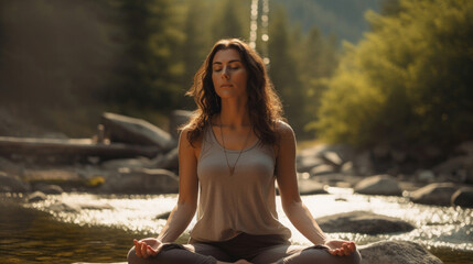 girl meditating in the lotus position, eyes closed near the lake, river in nature .Generative AI