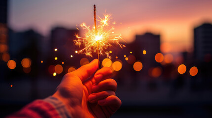 A hand holding a brightly lit sparkler at dusk, with a backdrop of warm bokeh lights from a city street. - Powered by Adobe