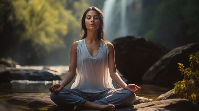 girl meditating in lotus position, eyes closed near a waterfall in nature .Generative AI