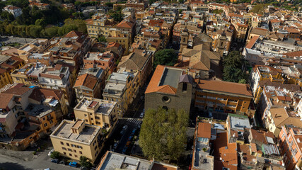 Aerial view of Frascati, a small town in the metropolitan city of Rome Capital, in the area of Roman Castles, in Lazio, Italy.