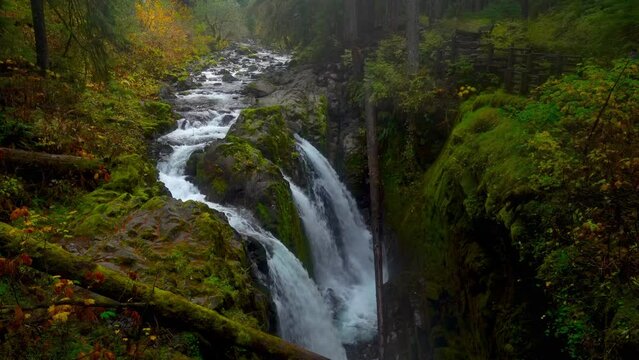 Autumn at the Sol Duc Falls Waterfall, Olympic National Park forest, Washington State