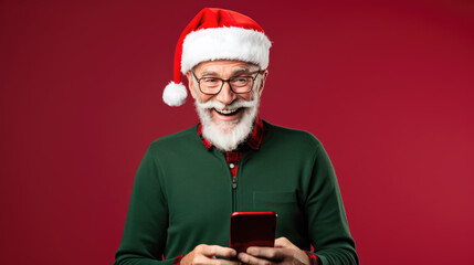 A man wearing a festive Santa hat is laughing with joy while looking at a smartphone in his hands against a solid background.