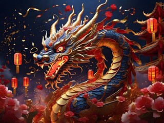 Obraz premium Chinese New Year dragon, adorned with shimmering golden scales and fiery red eyes