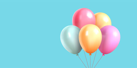 Bright 3d air balloon bunch on string festive surprise background with copy space realistic vector