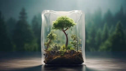 .transparent bag, inside there are trees planted with earth in nature, sunlight. Generative AI - obrazy, fototapety, plakaty