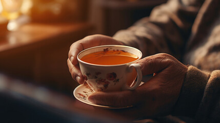 in hands with wrinkles a cup of tea on a saucer, close-up.Generative AI.