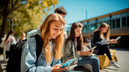 Teenage students happily smiling, gathered outdoors and watching something on smartphone near university college campus after classes - obrazy, fototapety, plakaty