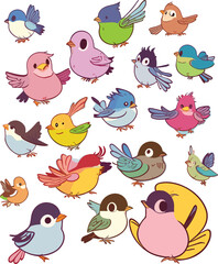 birds on a branch. Cheerful flying birds. Cartoon bird set in fly motion isolated on white background, happy garden movement little birdie vector illustrations
