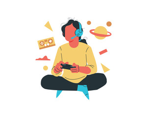 A girl playing video games. Vector illustration in flat cartoon style. © riz