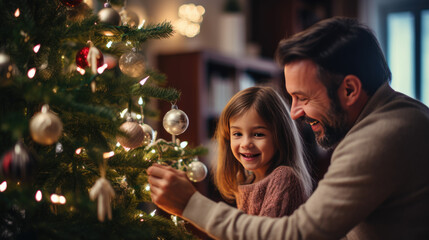 A father and his daughter share a heartwarming moment as they decorate a glowing Christmas tree together.