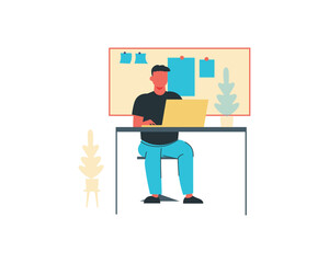 Man working on laptop at home. Vector illustration in flat style.