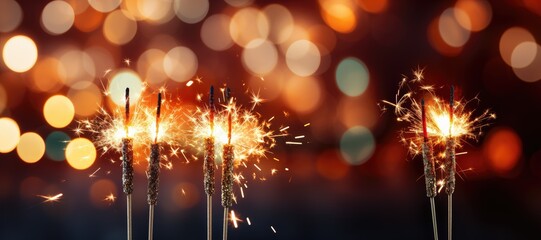 Obraz premium Horizontal banner of sparklers with bokeh background. Generative AI