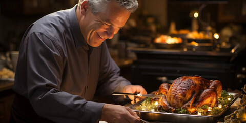 Älterer Mann bereitet leckeres Essen zu Thanksgiving mit schöner Dekoration im Querformat für Banner, ai generativ