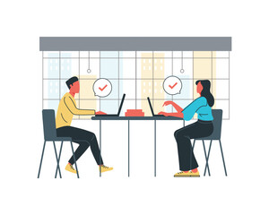 Man and woman sitting at the table in front of laptop. Business meeting concept. Flat vector illustration.