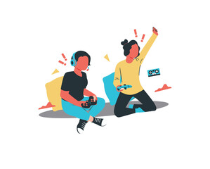 Young man and woman playing video games together. Flat vector illustration.