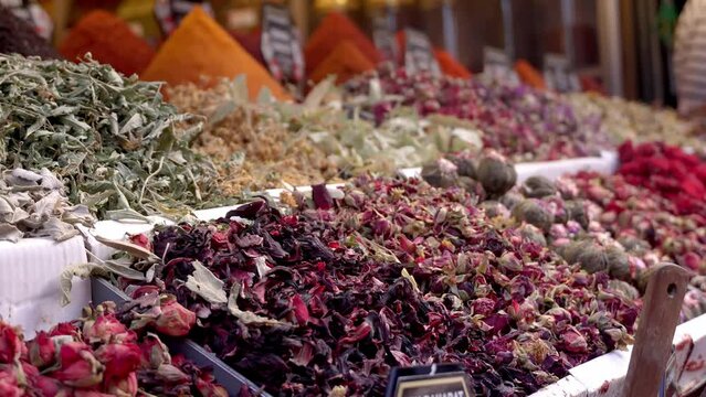 Arabic Spices in Market . Selective blurring on piles of spices of different colors and flavors used in Turkish cuisine in Istanbul Egyptian spice market, called Misir Carsisi, in Turkey.