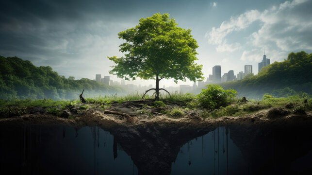 lone tree with roots in a section underground, fog, city in the background.Generative AI