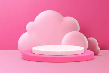 Pink cylinder podium pedestal with cloud wall background for cosmetic presentation realistic vector