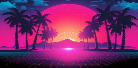 a retro futuristic cyberpunk landscape with neon colored palms and mountains , vaporwave, cyberpunk sunset background. Back to 80's concept. futuristic geometric landscape, Sci-Fi background