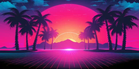 Gordijnen a retro futuristic cyberpunk landscape with neon colored palms and mountains , vaporwave, cyberpunk sunset background. Back to 80's concept. futuristic geometric landscape, Sci-Fi background © XC Stock