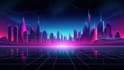 a retro futuristic cyberpunk city landscape with neon colored buildings, vaporwave, cyberpunk sunset background. Back to 80's concept. futuristic geometric landscape, Sci-Fi background - obrazy, fototapety, plakaty