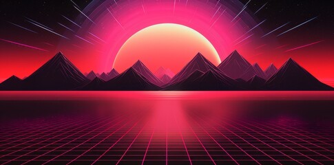 a retro futuristic cyberpunk landscape with neon colored mountains , vaporwave, cyberpunk sunset background. Back to 80's concept. futuristic geometric landscape, Sci-Fi background