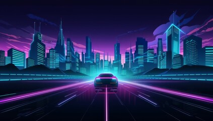 a retro futuristic cyberpunk city landscape with neon colored buildings and a car , vaporwave, cyberpunk sunset background. Back to 80's concept. futuristic geometric landscape, Sci-Fi background