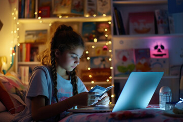 a teenage girl sits with a laptop and reads a book at home on the bed in the room, there is bokeh among her.Generative AI