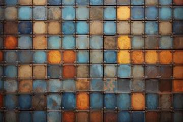 Gordijnen Wallpaper background with a patterned design resembling colored tiles © Radmila Merkulova