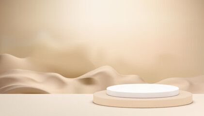 Beige cylinder podium sand desert smoke wall background for product presentation realistic vector