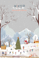 Winter City Background,Christmas ,New year people celebrating on holiday season,Vector Cartoon panorama Winter wonderland in cityscape family happy vacation kids sledding, skiing in outdoor park