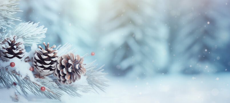 Christmas snowy winter holiday celebration greeting card - Closeup of pine branch with pine cones and snow, defocused blurred background with blue sky and bokeh lights and snowflakes