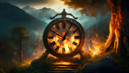 A antique time burning in the middle of a forest with mountains behind. Time is running metaphor - obrazy, fototapety, plakaty