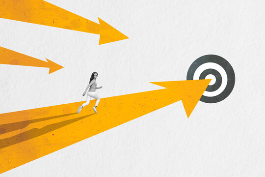 Creative trend collage of funny young female running way arrow point career goal target surrealism template metaphor artwork concept