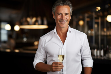 Handsome mature man holding glass of champagne and smiling.