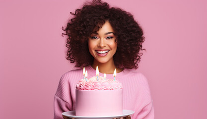Happy African American woman with birthday cake on pink background