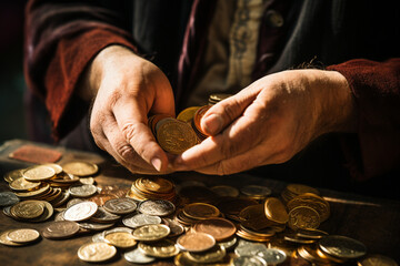 hands holding coins of coin collector seeing his collection numismatist fine collection of coins - obrazy, fototapety, plakaty