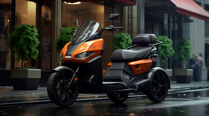 Cutting-edge, futuristic sports supercar three wheel vehicle, painted in grey orange shade, cruising through streets of city