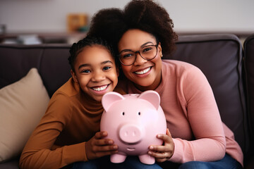 Happy African American family holding piggy bank, looking at camera, smiling mother and little daughter saving money for future, insurance and investment concept