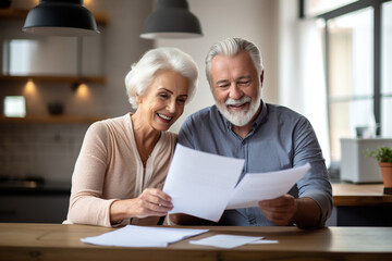 Happy satisfied senior retired couple reading legal document, financial report, paper insurance agreement