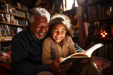 Hispanic Grandfather And Granddaughter Sitting On Floor Of Children's Bedroom Reading Book Together